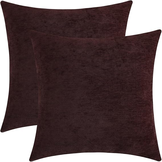 Plum Purple Chenille Decorative Couch Throw Pillow Covers, Soft Cushion Cases for Home Livingroom Sofa Decor, Pack of 2, 18 x 18 Inches