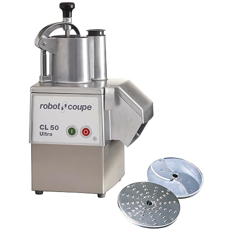 Robot Coupe CL50EULTRA Single-Speed Cutter Mixer Continuous Feed Commercial Food Processor with Side Discharge, 120v | 1.5 HP 120 V stainless steel prep machine with side discharge for restaurant use. Includes 3 mm discs. Weighs 48 lbs