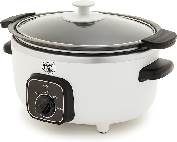 GreenLife 3.5QT Ceramic Nonstick Slow Cooker, Cooktop/Oven Safe, White | PFAS-Free Nonstick Removeable Inner Pot, Dishwasher Safe Components, 3 Heat Settings (low, high, warm), Lightweight & Compact