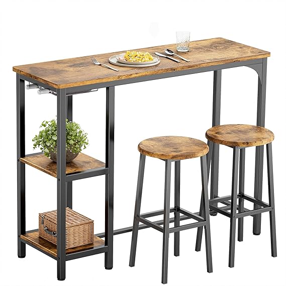 Bealife Bar Table and Stools Set of 2, Pub Table Set with 2 Shelves and Glass Holder, Kitchen Bar Table Set for Kitchen, Living Room, Dining Room (Retro)