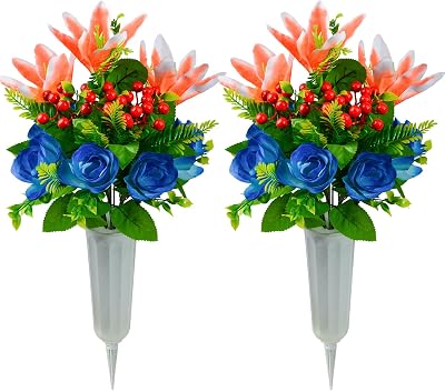 XONOR Artificial Cemetery Flowers for Grave, Set of 2 Artificial Flowers Bouquet Memorial Flowers with Vase for Outdoor Cemetery Headstones Graveyard Gravestone Decoration Orange Lily