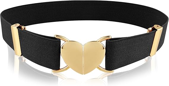 Andibro Heart Elastic Waist Belts for Girls, Adjustable Woven Stretch Belt Fashion Metal Heart Buckle Waistband for Women