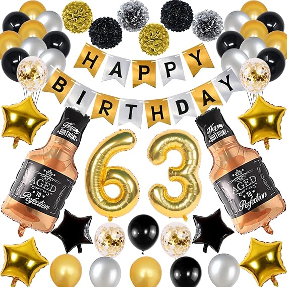 63rd Birthday Decorations, Gold Black Silver Happy Birthday Balloons Supplies with 63 Number Balloons, Flower Pompoms