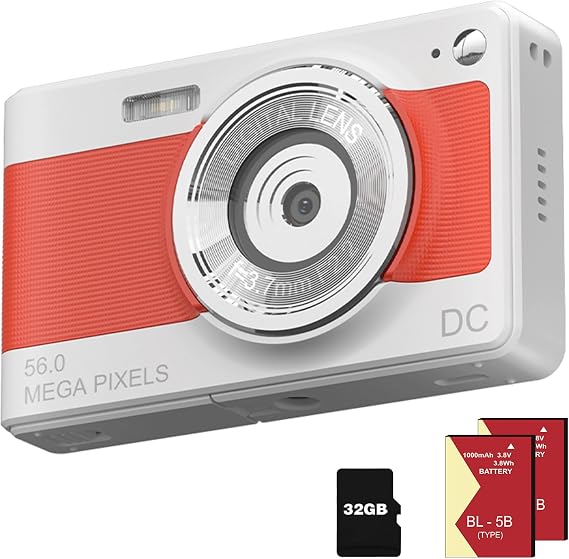 Digital Camera 1080P FHD Compact Camera 56MP Camera Simple Vlogging Camera with 32G TF Card 2 Batteries Portable Digital Camera for Children Teenagers Students Seniors Beginners (Orange White)