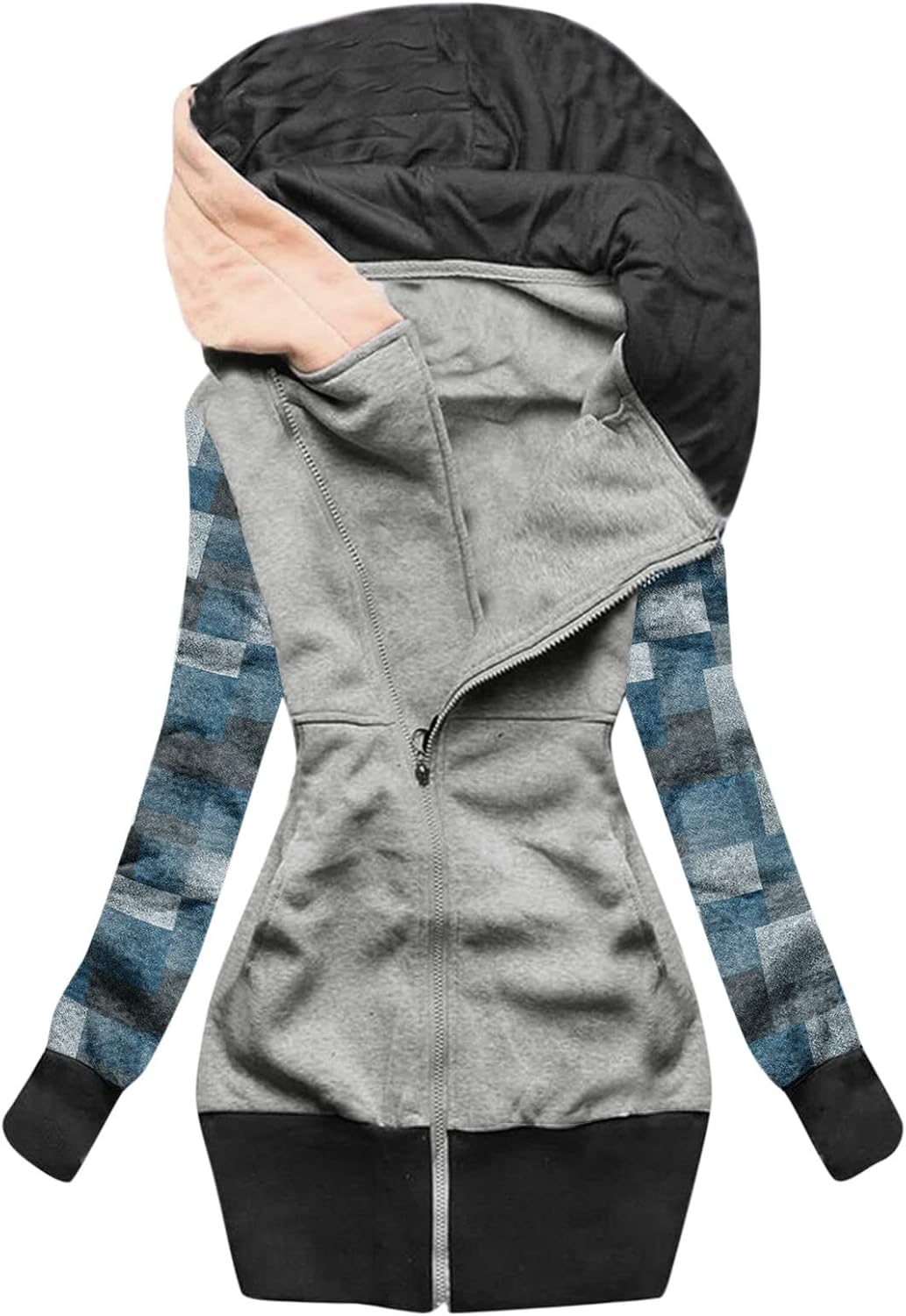 Huarll Zip Up Hoodies for Women Casual Aztec Striped Patchwork Tunic Sweatshirt Loose Long Sleeve Hooded Jacket with Pockets