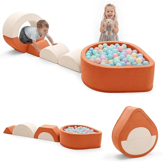 Zedachica 7PCS Soft Play Set for Toddlers, Baby Foam Climbing Blocks with Ball Pit, Indoor Soft Play Equipment for Climbing, Crawling and Active Play, Orange (Balls Not Included)