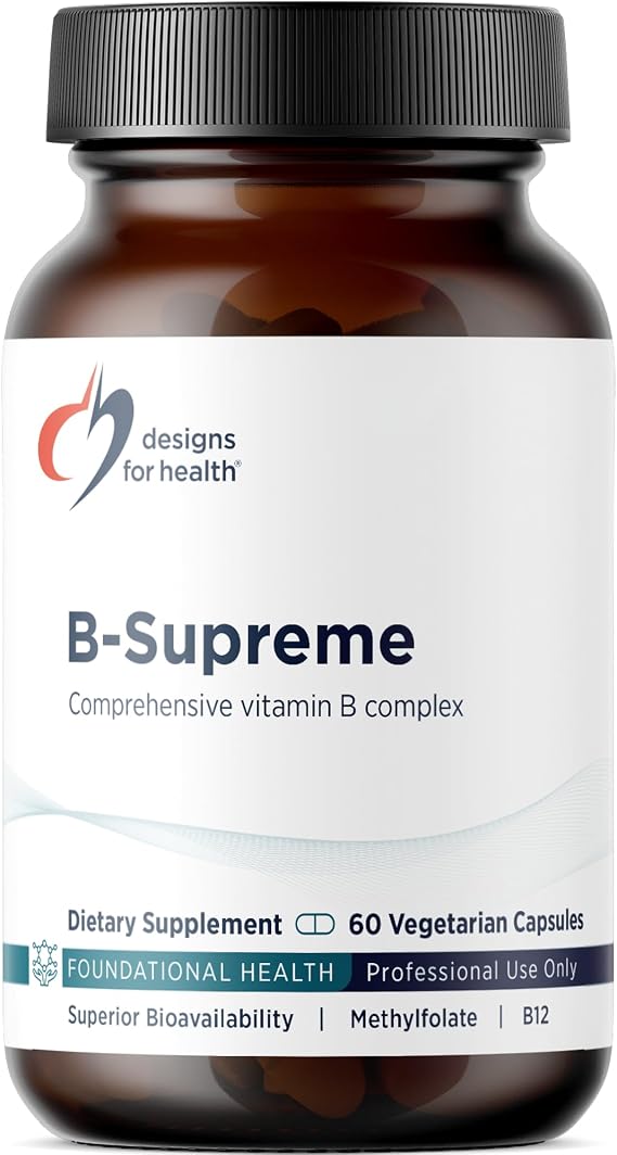 Designs for Health Vitamin B Supreme - B Complex Vitamins for Metabolism, Energy Support + Heart Health - Folate, Vitamin B12, Niacin, Biotin, Vitamin B6 + Thiamine B1 Supplement (60 Vegan Capsules)