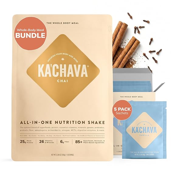 KaChava Whole Body Meal Shake Bundle Chai 2lb Bag + Vanilla Travel Sachets (5 Servings) Vegan Protein Powder with 85+ Superfoods Gluten Free Plant-Based Meal Replacement