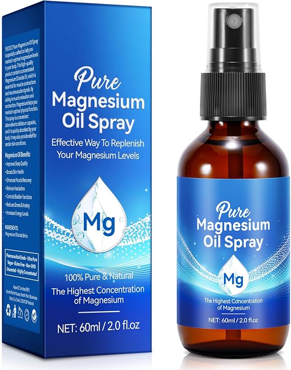 Magnesium Spray 60 ml, Magnesium Oil for Feet, Body, Skin, Sleep, Anxiety, Muscle Relaxation, 100% Pure & Natural Topical Magnesium Oil Spray Glass Bottle, Easy to Absorb and Use