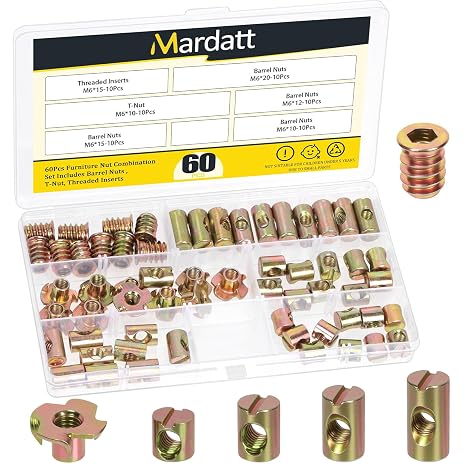 60PCS M6 x 10/12/15/20mm Barrel Nuts, Yellow Zinc-Plated Carbon Steel Cross Dowels Slotted Barrel Nut, M6 x 15mm Threaded Inserts with M6 x 10mm T-Nuts Kit, for Wood Furniture Screw