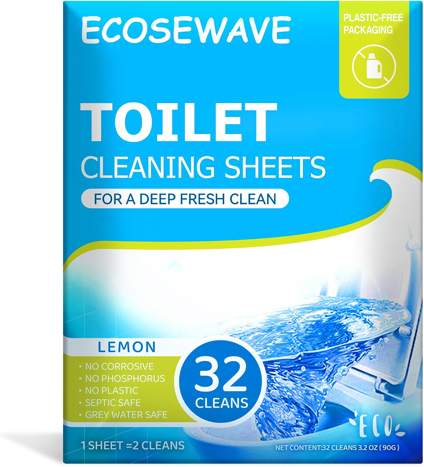 Toilet Bowl Cleaner Sheets,32 Cleans, Lemon,Plastic-Free Packaging,Eco-Friendly, Toilet Bowl Cleaner Strips Great For Apartments, Dorms,Vanlife