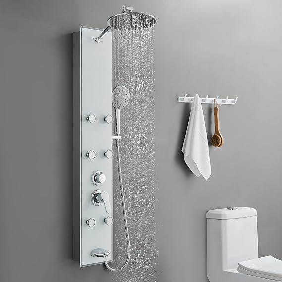POPFLY Tempered Glass Shower Panel Tower System, 9" Adjustable Shower Arm Height, 304 Stainless Steel White Shower Panels Tower with 6 Massage Jet and Tub Spout