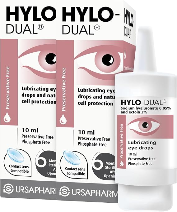 HYLO Dual Double Pack- Preservative Free Eyedrops - Contains 0.05% Sodium Hyaluronate and 2% Ectoin - Moisturises Dry Eyes and Reduces Allergic Symptoms - 2 x 10ml