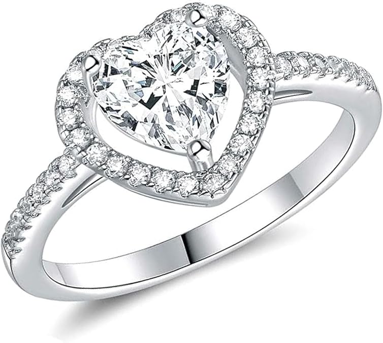 MDFUN 18K White Gold Plated Heart Cubic Zirconia Halo Eternity Rings for Women Wedding Promise Engagement Band Size 5-10