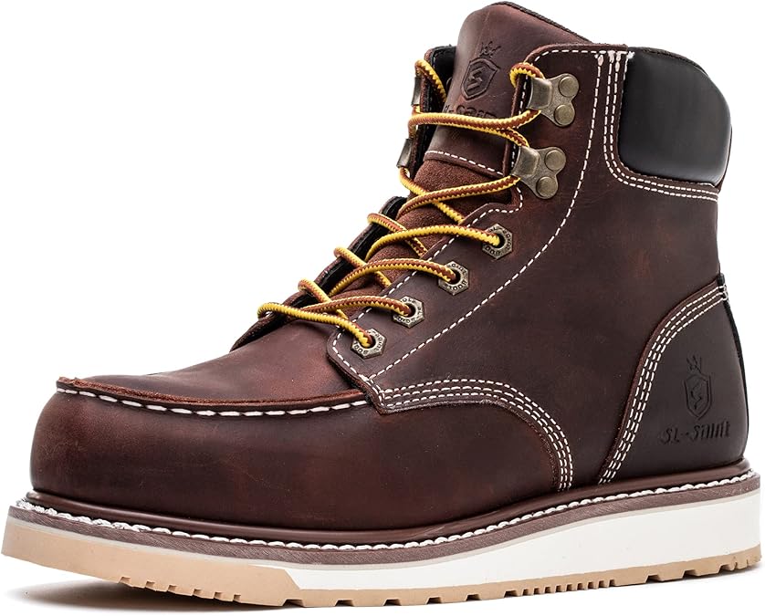 Waterproof Steel Moc Toe Classic Fashion Work Boots for Men,Industrial Construction Insulated Wedge Safety Shoes 6 Inch Brown Ankle Footwear Genuine Goodyear Welts Full Grain Leather
