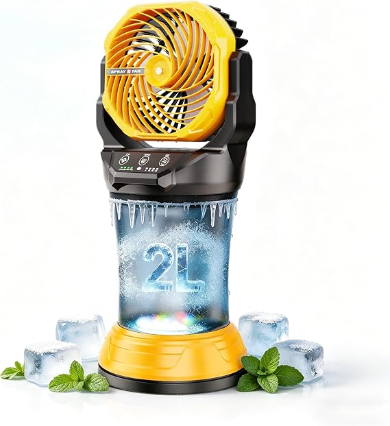 Lacoco Portable Misting Fan, Rechargeable Battery Operated Outdoor Misting Fan with 2L Bucket, 4 Speeds Spray Personal Cooling Fan with RGB Light 120 Auto Oscillating for Patio