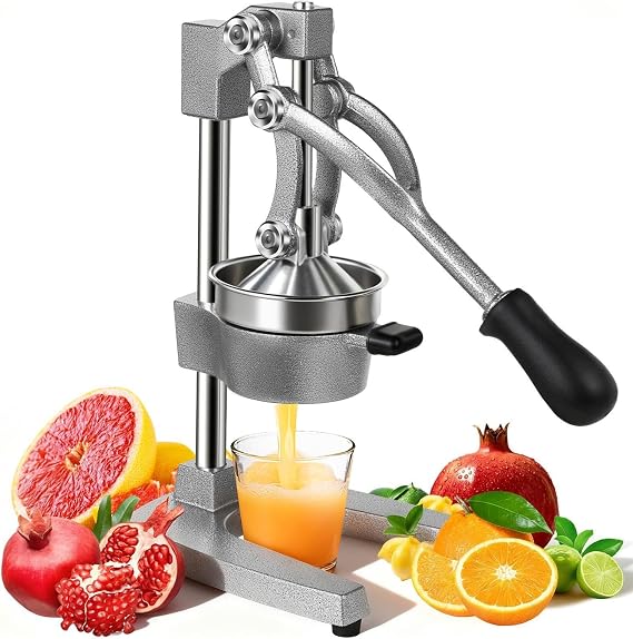 Manual Citrus Juicer Press, Cast-Iron Heavy Duty Commercial Orange, Lemon, Lime & Pomegranate Squeezer, Countertop Hand Juice Extractor with 304 Strainer for Home, Café, Bar, Gray