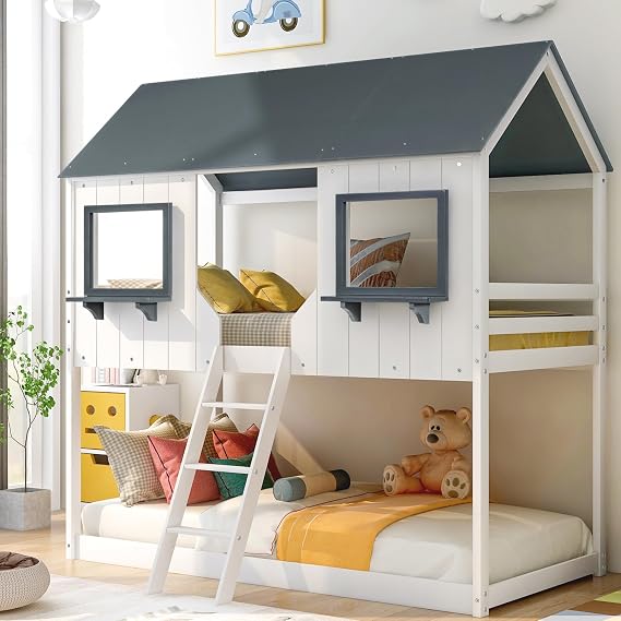 Bellemave Twin Over Twin House Bunk Bed, Twin Wood Bunk Bed with Roof, Window, Safety Guardrails and Ladder, for Girls Boys -White