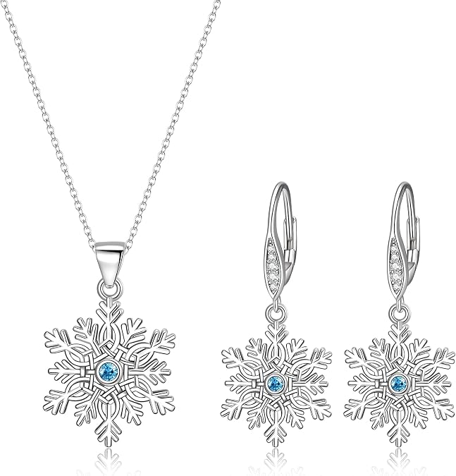 EleQueen Women's Winter Snowflake Jewelry Set Cubic Zirconia Flower Pendant Necklace Leverback Dangle Earrings