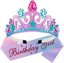 Canitor Mermaid Birthday Tiara, Crown, and Sash - Girl's Party Decorations and Favors with Headband