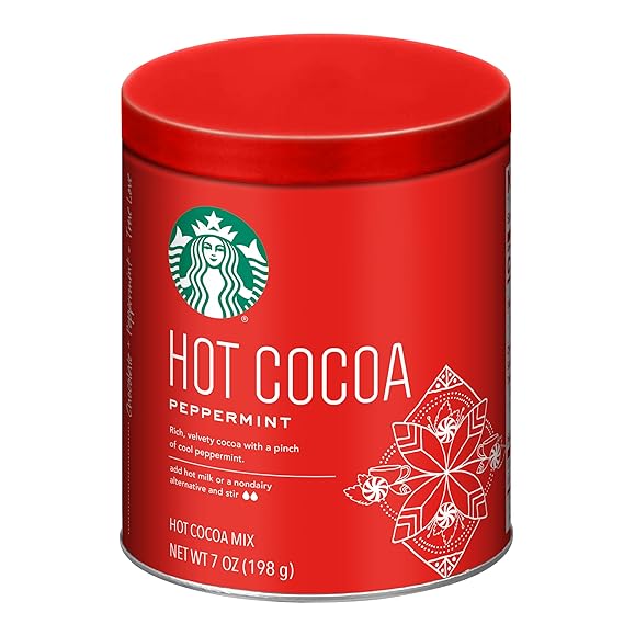 Starbucks Hot Cocoa Mix for Rich Chocolate Flavor and Cozy Beverages, Peppermint Hot Cocoa with Cool Peppermint Taste, 7 Ounce Tin (Pack of 1)