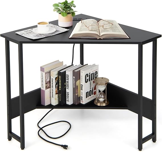 COSTWAY Corner Computer Desk, with USB Ports & Power Outlet, Storage Shelf for Small Space, Triangle Steel Frame Corner Desk for Home Office, Workstation (Black)