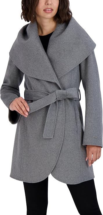 TAHARI womens Double-faced Luxury Soft Wool Blend Peacoat Removable Belt Wool Coat Oversized Collar
