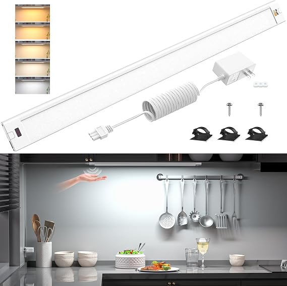 WOBANE 16.5 inch Under Cabinet Lighting,Dimmable Counter Lights for Kitchen | 5 Color Tunable 2700K to 6000K ,Hand Wave Activated,Touchless for Cabinet,Shelf,Under Desk,White,1000LM