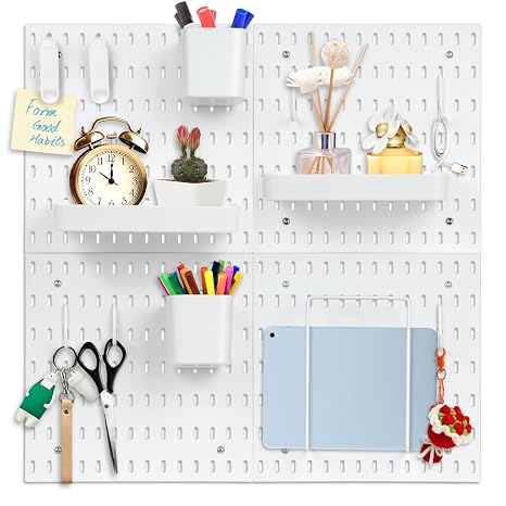 Plastic Pegboard Kit, 4 Pack 11x11 Inch Wall Organizer with Hooks | Peg board with bins and shelves for customizable storage.Ideal for craft rooms,garages,offices, kitchens,and workspaces