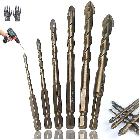 4Flute Sawtooth Eccentric Drill Bits TitaniumCoated Carbide Tips, 2in1 Drill & Tap Combo Kit, MultiSize Hex Shank Set for Metal, Wood, Plastic & Masonry (4+5+6+8+10+12)