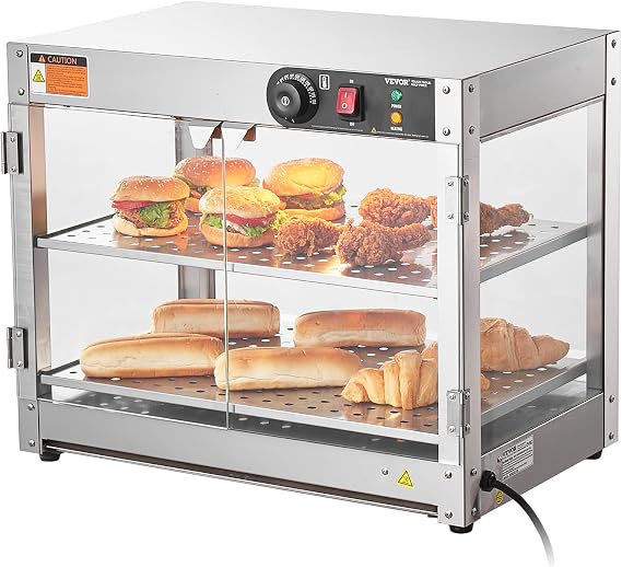 VEVOR 2-Tier Commercial Food Warmer Display, 800W Food Display Warmer with Light to Enhance Food Display, 86F~185F Temperature Control, 58L Large Capacity for Hamburger, Pizza, Bread, Fried Chicken