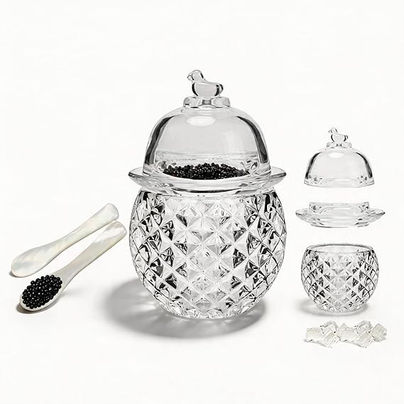 Caviar Serving Set,Chilled bowl Glass Caviar Dish With Lids&Spoons
