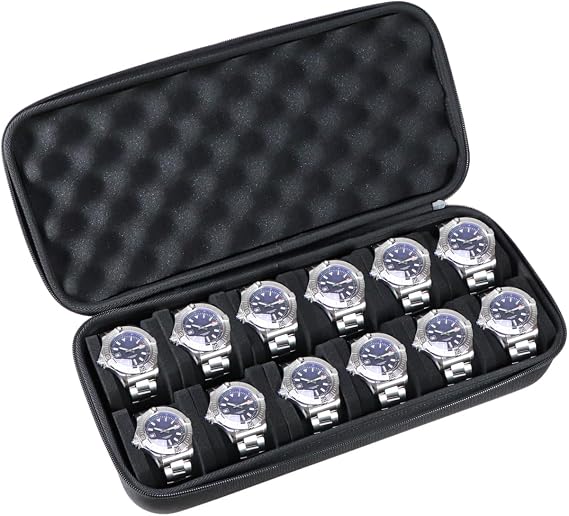 Vintage Watch Travel Case for Men Women, 12 Slots Hard Watch Carry Case Travel Watch Box With Soft Shockproof Pillow, Portable Travel Watch Roll for Wristwatches and Smart Watches Black