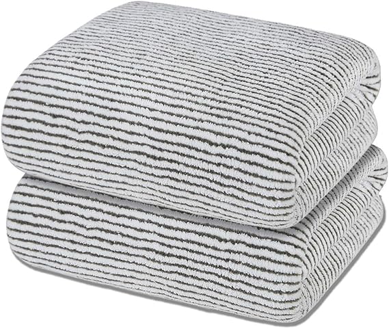 Microfiber Bath Towel, Soft and Super Absorbent Bathroom Shower Towel, Plush Drying Off Towel, Multipurpose Use for Hotel, Gym, Sports, Swimming, Travel, Fitness 2 Pack (55" x 29", Grey White Stripe)