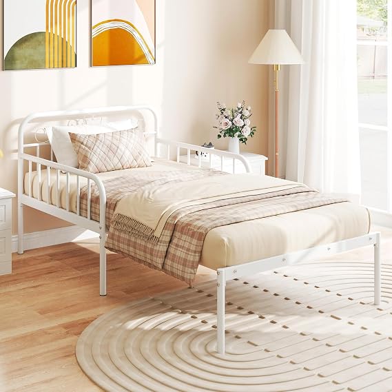 GIANTEX Metal Twin Bed Frame, Convertible Sofa Bed with Headboard & Armrests, Pull-Out Sleeper Chair Bed for Small Spaces Dorm Guest Apartment, Suitable for Folding Sofa Mattress, White