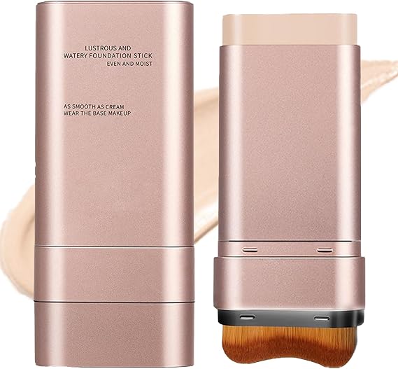 Moisturising Face Tint Balm Foundation Stick In Ivory With Built-In Brush - Creamy Lightweight Full Coverage For Mature Skin With Smooth Lustrous Radiant Finish, Retractable Design, Rose Gold Case,