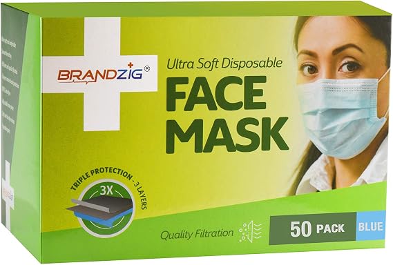 Ultra Soft Disposable Face Mask with Ear Loops (50 Pack) Blue | Masks with Triple Protection Layer | Comfortable Dust Mask