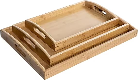 Promosyonca Ahşap Bambu Servis Tepsisi Seti, Doğal Renk, Kulplu Dikdörtgen Tasarım, 3 Farklı Boyut, 3 Parça