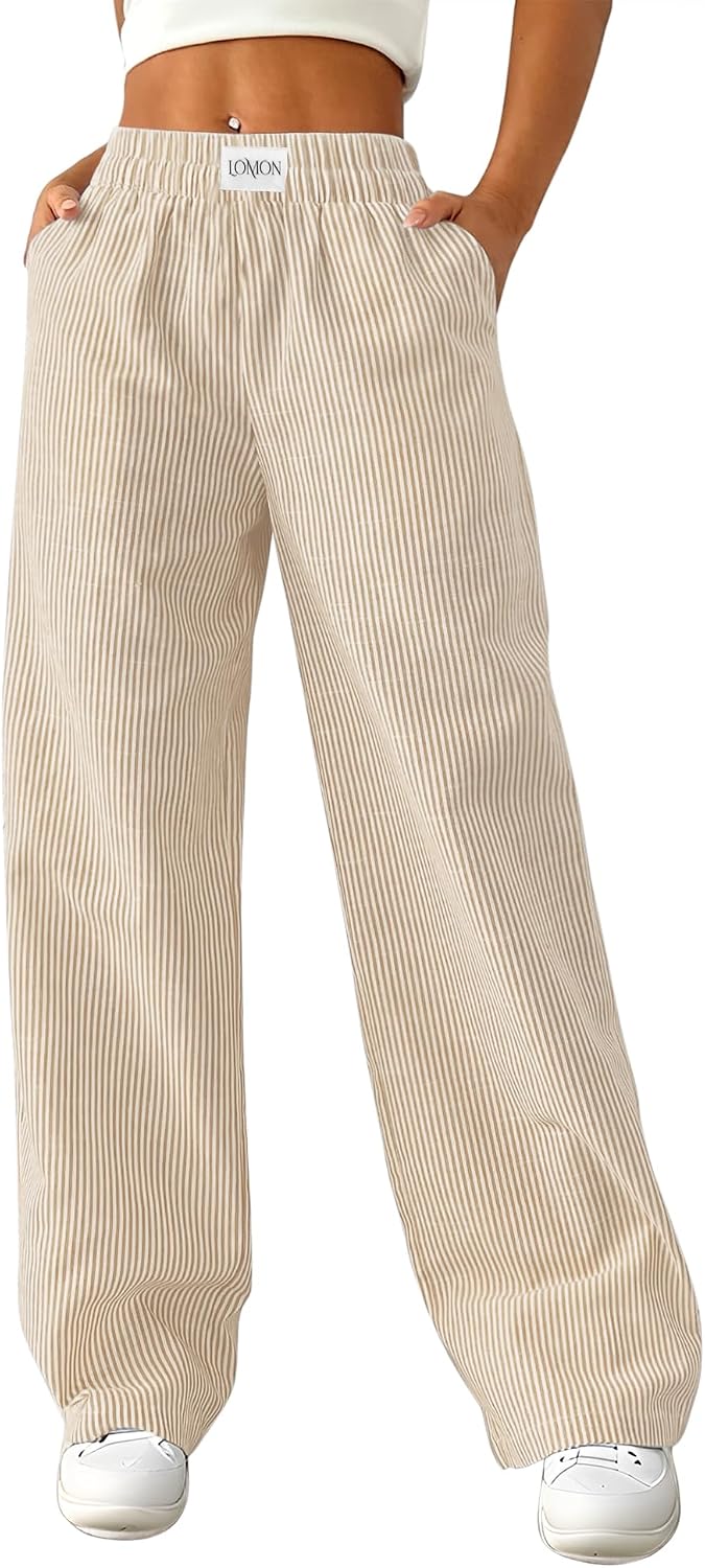 LOMON Womens Striped Gingham Boxer Pants Cotton Pajama Lounge Pj Casual Plaid Trousers Y2K Beach Bottoms with Pockets