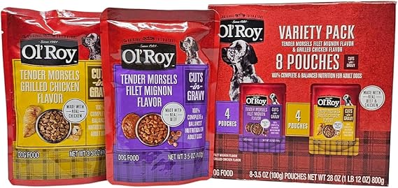 Ol' Roy Wet Dog Food Variety Pack Tender Morsels Filet Mignon and Grilled Chicken, 3.5oz Pouch (8 Count)