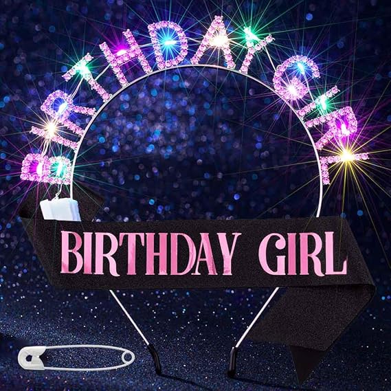 Uranian Light Up Birthday Headband and Sash LED Rhinestone Halo Crown Glow Sparkly Birthday Hair Accessories for Women