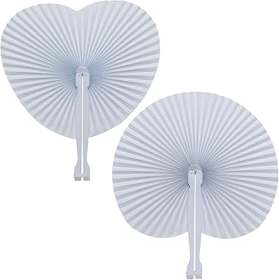 50 Pack White Folding Fans- Round and Heart Shaped Handheld Folding Accordion Paper Fans Assortment with Plastic Handle for Wedding Birthday Celebration Party Favors Bag Filler