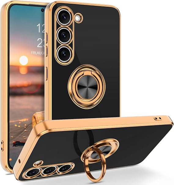 BENTOBEN for Samsung Galaxy S23 Case, 360 Ring Holder Kickstand Support Car Mount Elegant Plating Edge Slim Shockproof Soft TPU Protective Phone Cover for Samsung Galaxy S23 6.1" 2023, Black/Gold