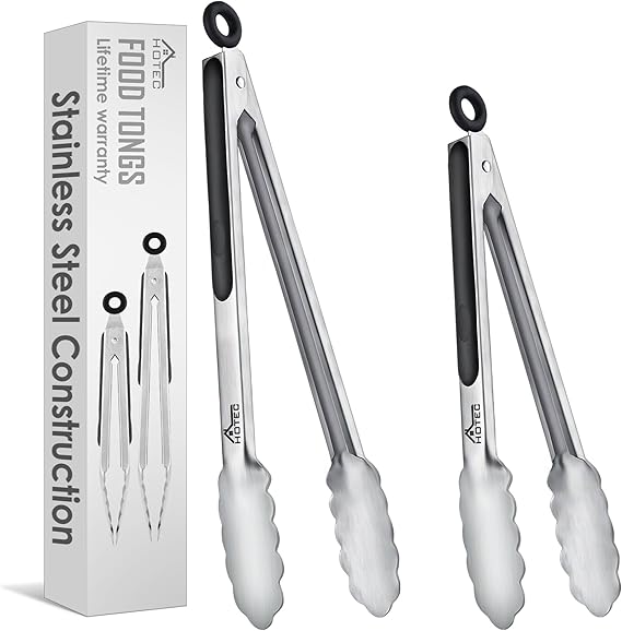 Hotec Stainless Steel Kitchen Tongs, Set of 2-9" and 12", Locking Metal Food Tongs for Cooking, Serving, BBQ, Grill Non-Slip Grip