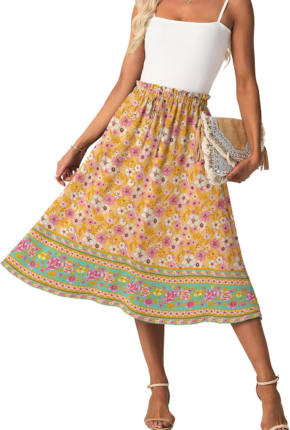 Womens Causal High Waisted Summer Midi Skirts Flowy Palazzo A-Line Long Skirt with Pockets