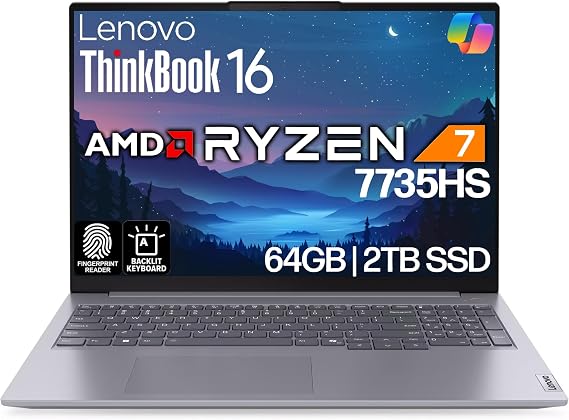 Lenovo ThinkBook 16 Gen 7 16 FHD+ Display, AMD Ryzen 7 7735HS, 64GB DDR5 RAM, 2TB SSD, WiFi 6E, Backlit Keyboard, Fingerprint Reader, HD Webcam, Win 11 Pro - AI Business Laptop