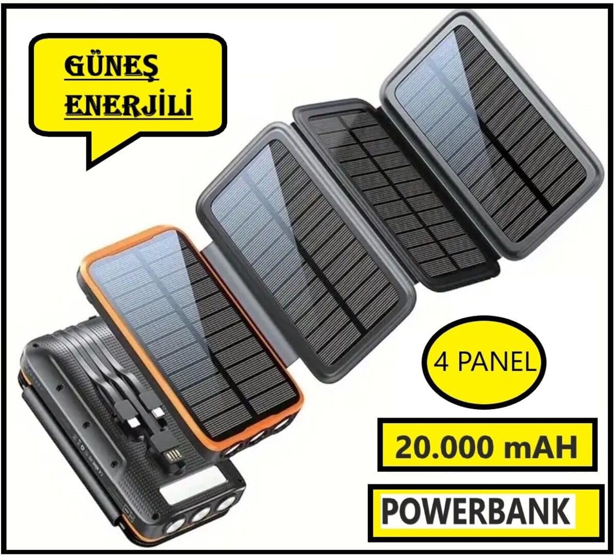 Güneş Enerjili 20000 Mah Powerbank solar 4 Panel Su Geçirmez Hızlı PD 20W Hızlı Şarj