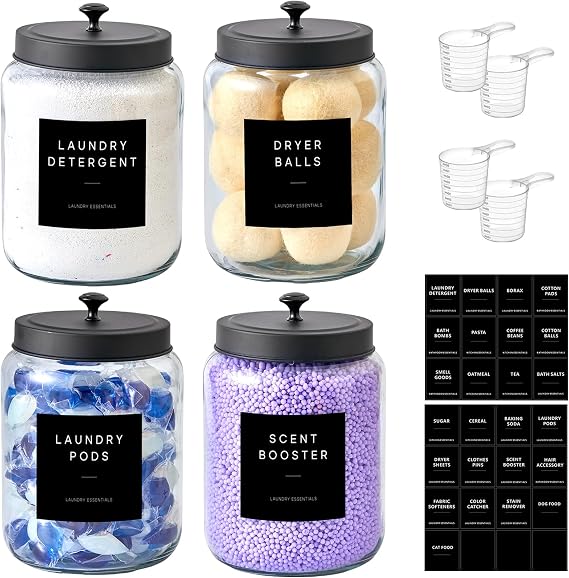 Glass Jars Laundry Containers with Lid, 0.5 Gallon Laundry Organization and Storage Jars, Laundry Detergent Container Laundry Powder Pods Holder, Glass Jar Wide Mouth with Scoops, Labels, 4 Pack