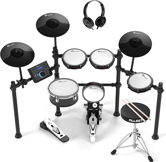ALLSET 700 Professional Electric Drum Sets with Mude Mesh Drum Pads, 10" Dual Zone Snare, 30 Kits & 600+ BFD Sounds, 2 Pedals, Throne & Headphones, Drumsticks | Melodics Lessons (white)