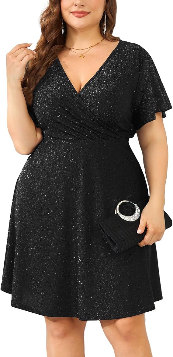 ZOMVA 2025 Plus Size 0X-4X Sparkly Glitter Wrap V Neck A Line Mini Dress Sparkle Sequin Sexy Dresses Cocktail Party Club
